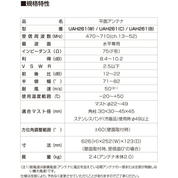 DXアンテナ 屋外用 26素子相当 UAH261 UHF平面アンテナ W オフホワイト メーカー直送 中電界 地上デジタル 弱電界地用 水平偏波専用  最大63%OFFクーポン UHF平面アンテナ
