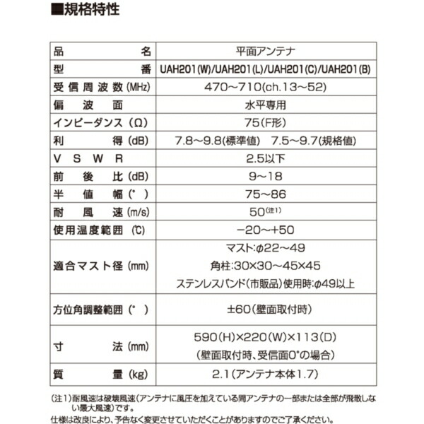 賜物 DXアンテナ 屋外用 UHF平面アンテナ 地上デジタル 強電界 中電界地用 水平偏波専用 20素子相当 ブラック UAH201 B メーカー直送  fucoa.cl