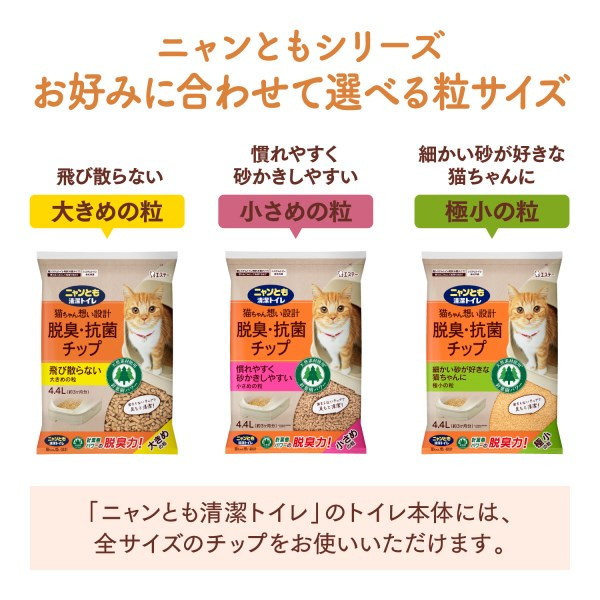 ニャンとも清潔トイレ 脱臭・抗菌チップ 大きめの粒、小さ目の粒、極小の粒