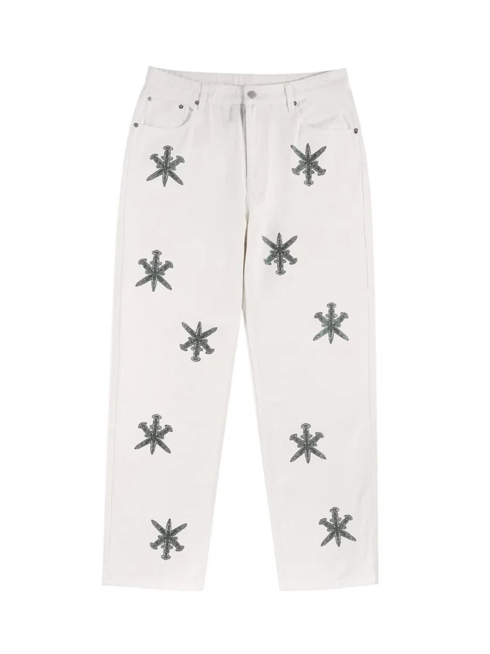 正規品【 UNKNOWN LONDON UNKNOWN DAGGER RHINESTONE DENIM OFF WHITE 】 アンノウンロンドン パンツ ボトムス デニム ホワイトデニム ホワイト ジーンズ 白デニム ダガークロス｜Pressing
