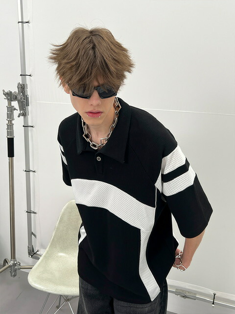 正規品【MODITEC】Net Eye Stitching Polo Shirt 半袖トップス 半袖Tシャツ ポロシャツ ストライプ柄 オーバーサイズ ストリートファッション
