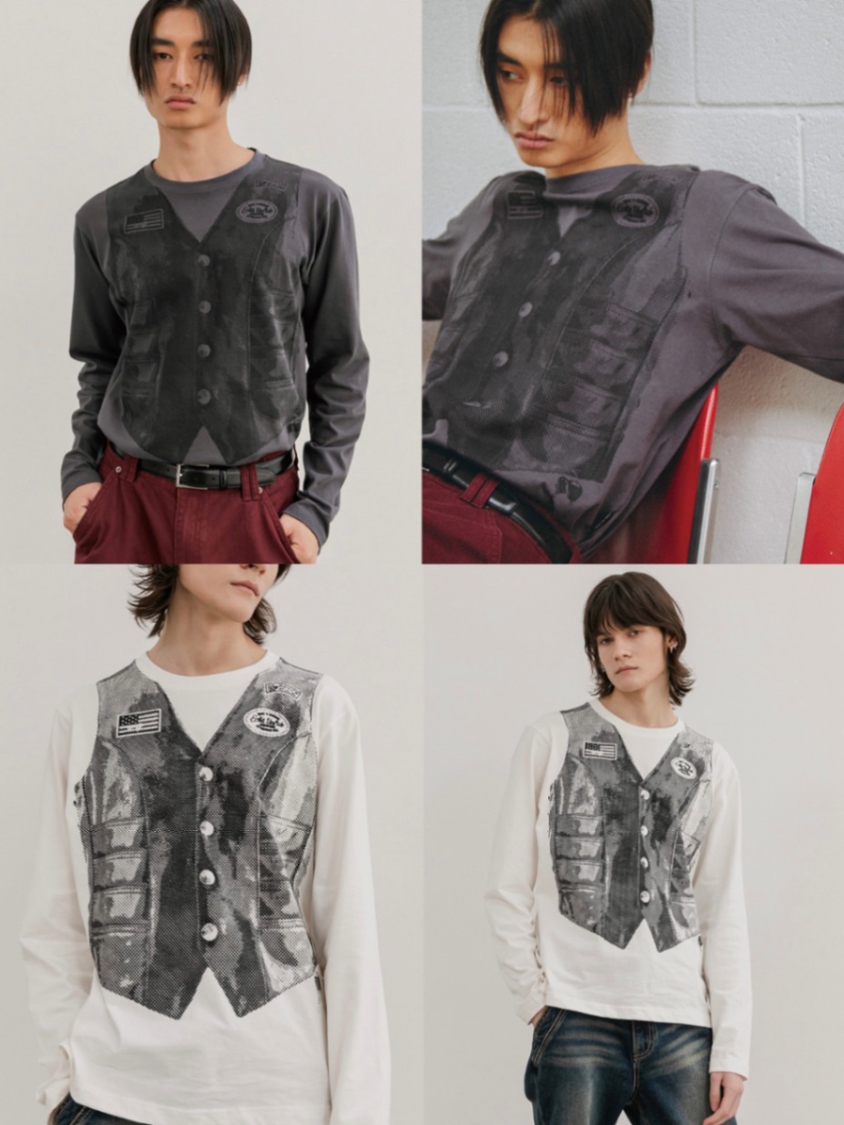 正規品【 ESC STUDIO vest t-shirt 】 イーエスシースタディオ トップス ロングスリーブ ロンT ベストプリント プリントT ベストロンT 長袖 長袖トップス Pressing pressing プレッシング プレッシングウェブショップ
