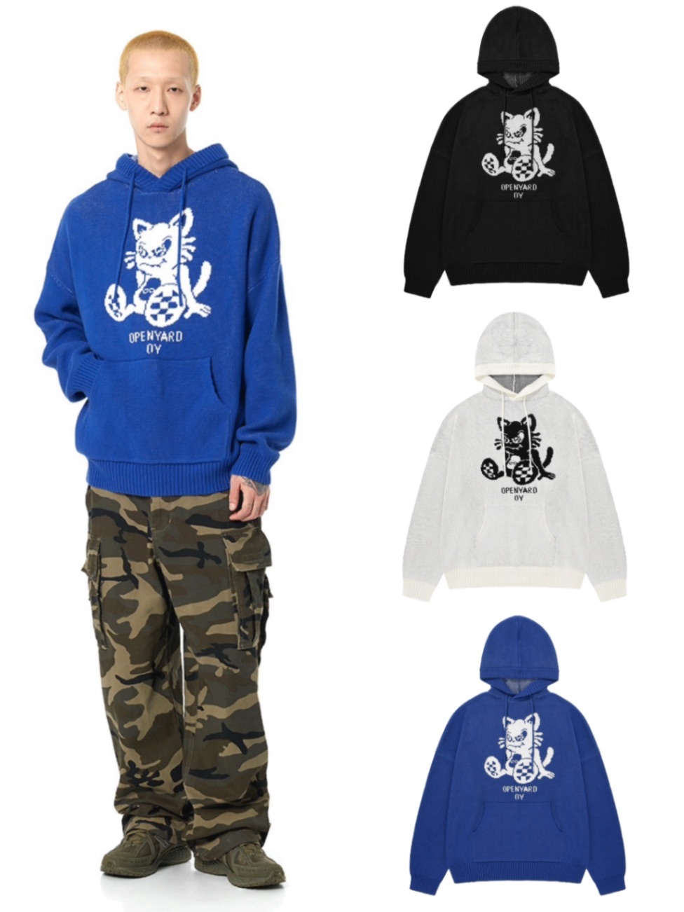 正規品【 OY BLACK CAT KNIT HOODIE 】 オーワイ トップス フーディー パーカー プルオーバー プルオーバーフーディー プルオーバーパーカー ニット ニットフーディー ニットパーカー ニットトップス　Pressing pressing プレッシング プレッシングウェブショップ