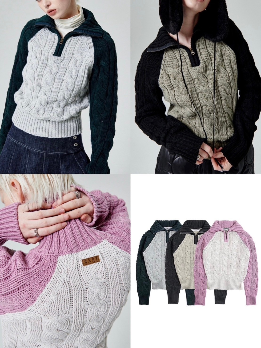 正規品【 runningHIGH COLOR BLOCK TURTLENECK ZIP UP KNIT PULLOVER 】 rh ランニングハイ トップス ニット セーター ジップアップ ハーフジップ タートルネック
