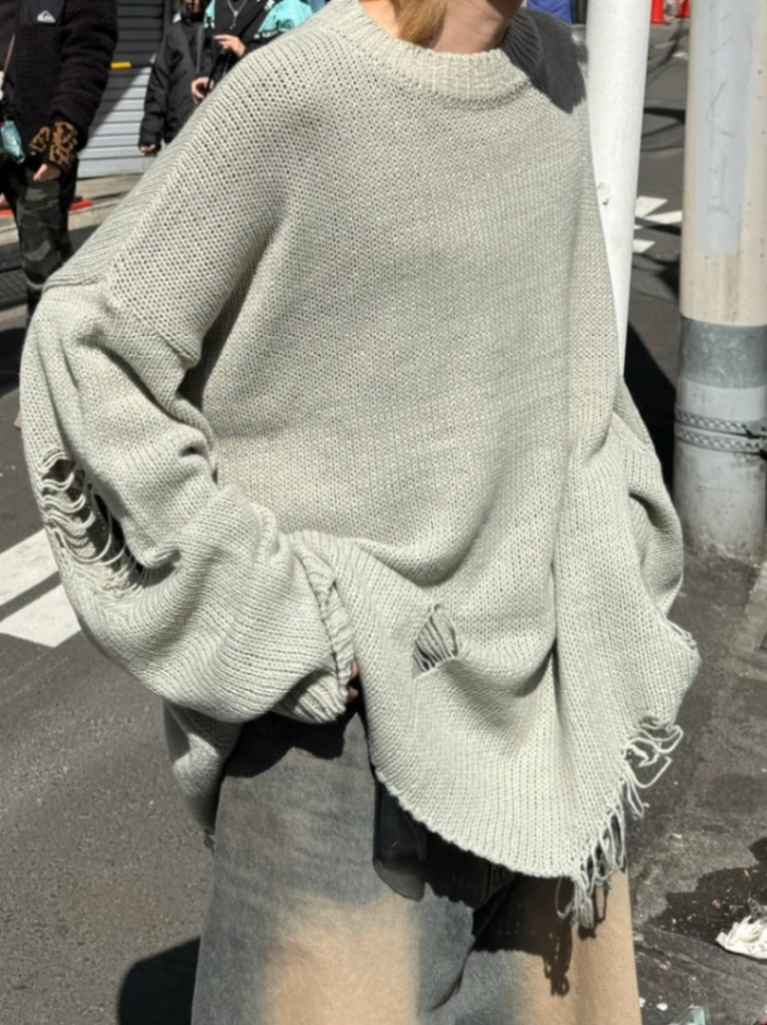 正規品【 Chikashitsu + oversized damage knit (2color) 】 チカシツプラス チカプラ トップス ニット セーター オーバーサイズ ダメージ加工 ユニセックス カラーニット 長袖 Pressing pressing プレッシング プレッシングウェブショップ