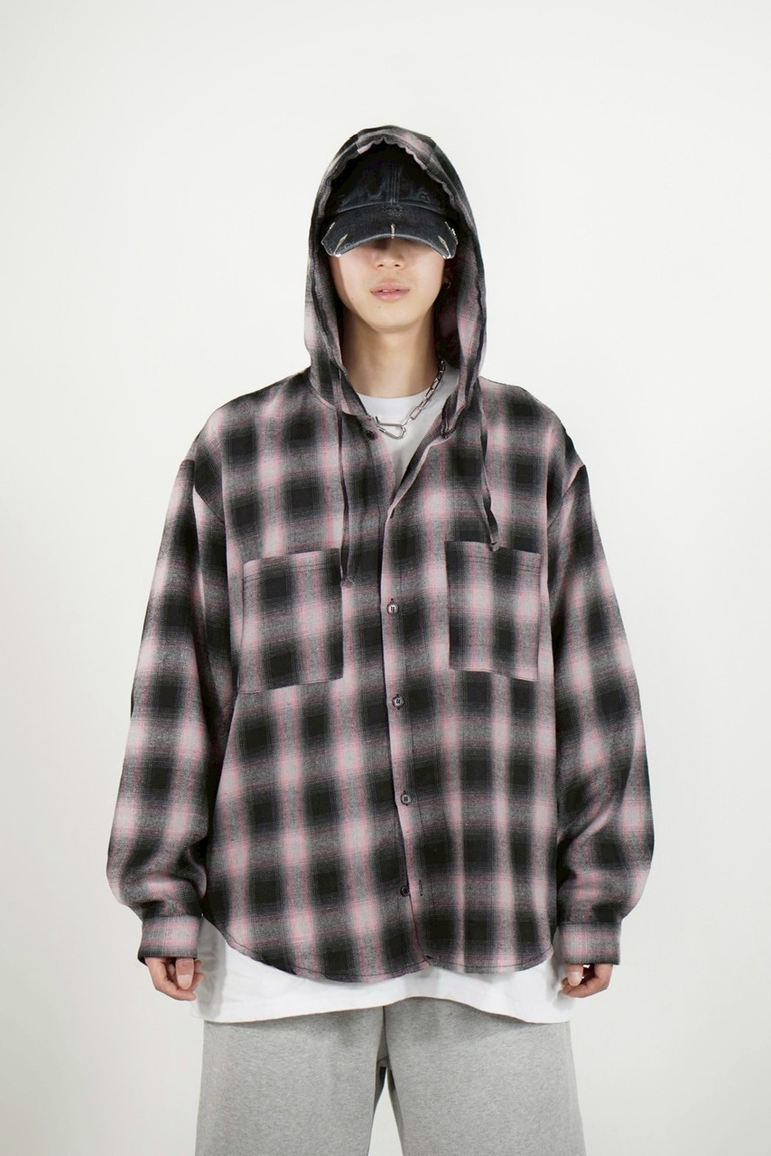 受注制【Chikashitsu +】tartan check hooded shirt (3color)
