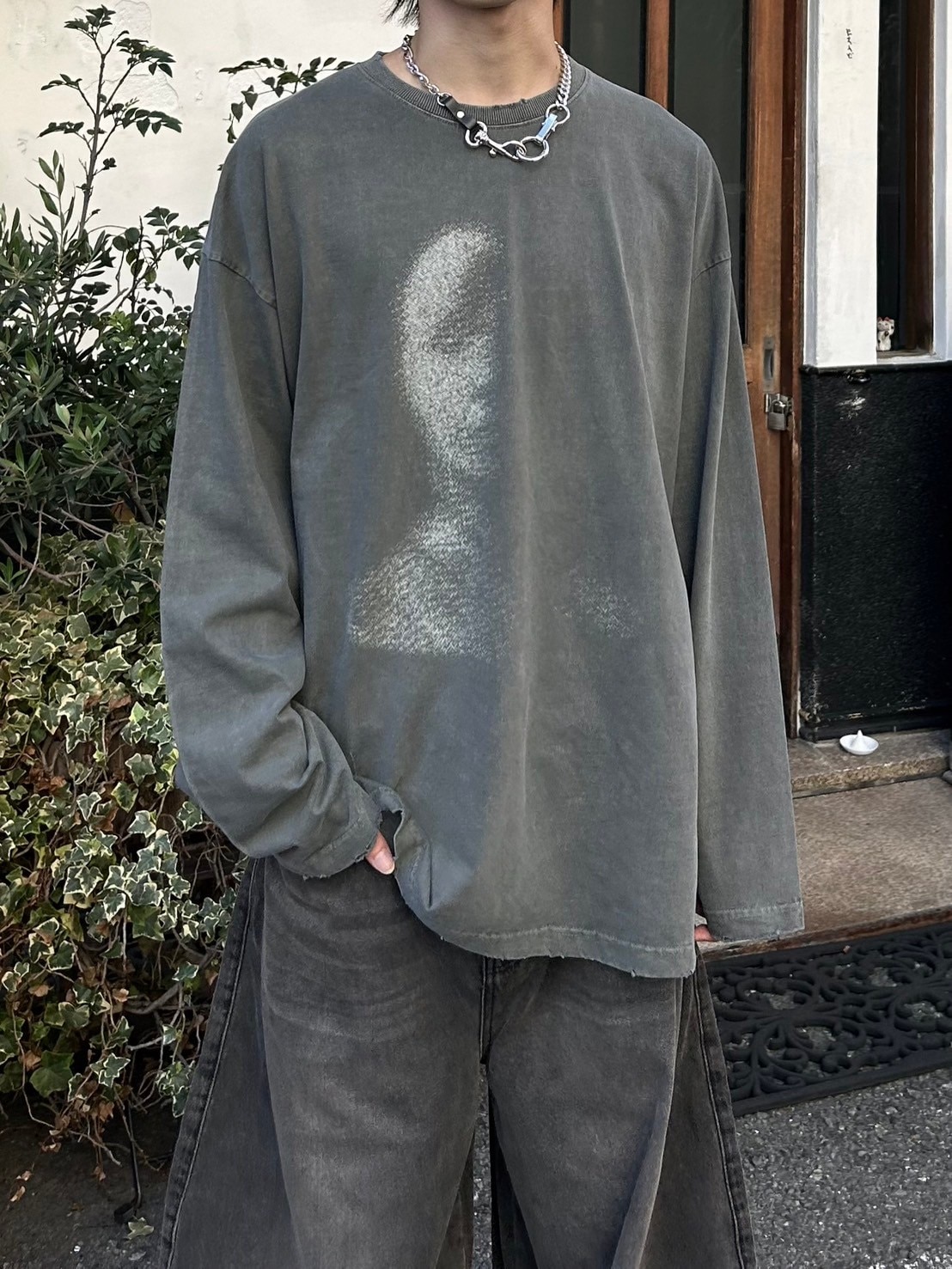 【Chikashitsu +】oversized shadow print damage long sleeve (2color)