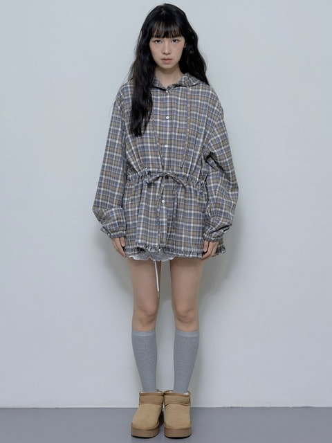 正規品【FANCY CLUB FRILL CHECK HOOD JACKET】長袖 ジャケット アウター 羽織 チェックジャケット ガーリー フェミニン ギャル 韓国ブランド 韓国|Pressing