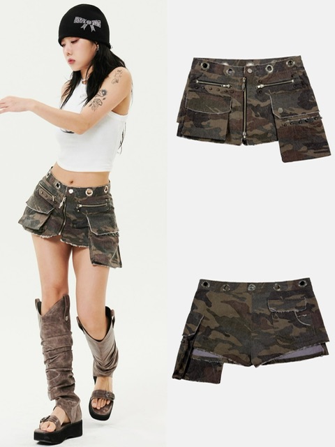 正規品【HOLY NUMBER 7 Camouflage Pocket Mini Skirt 】 韓国ブランド HOLY NUMBER 7 ホーリーナンバーセブン カモフラスカート 迷彩スカート カモフラージュ 韓国ファッション 韓国ストリート ストリートファッション