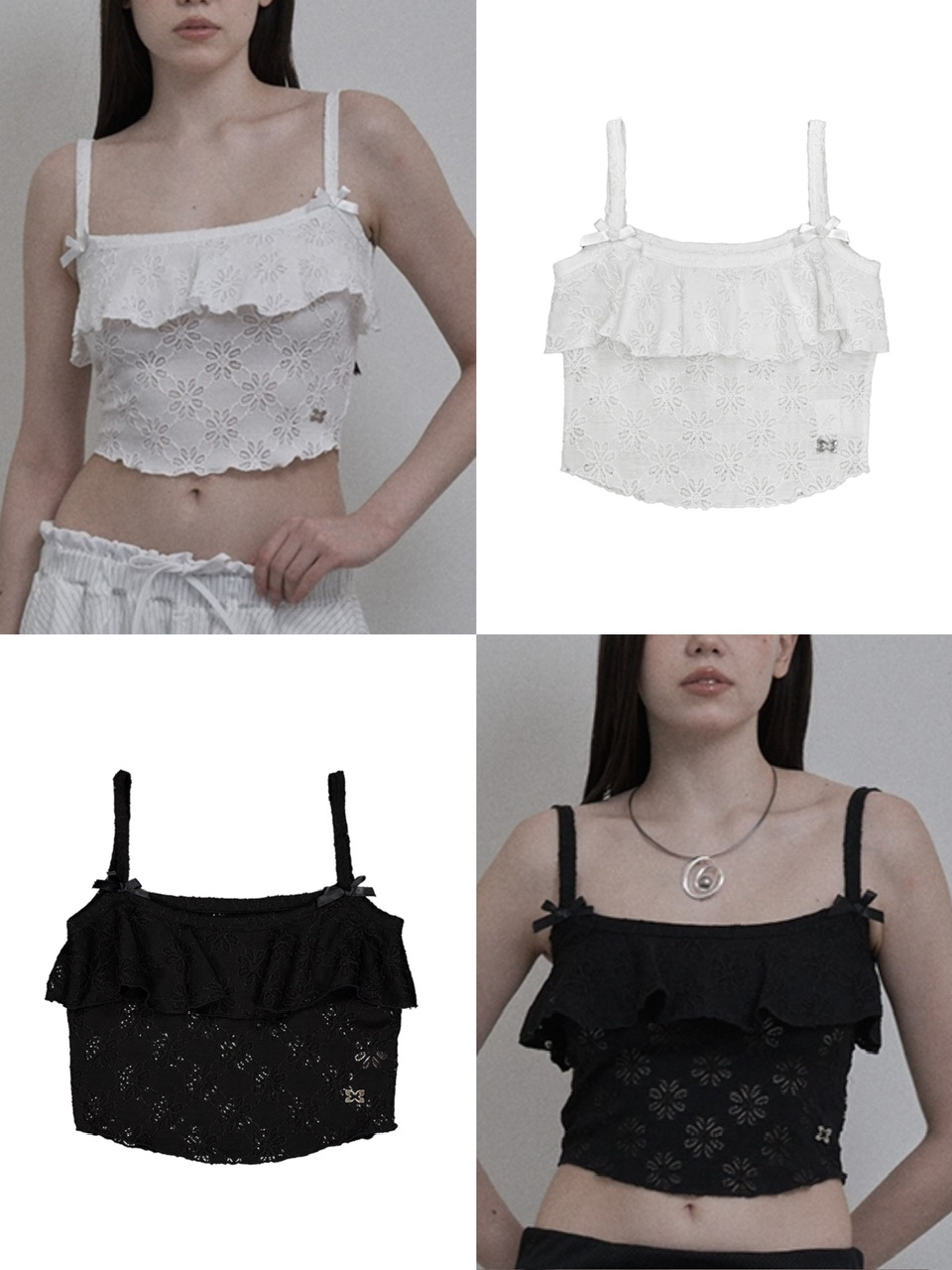 正規品【SETUP‐EXE FLOWER FRILL SLEEVELESS】韓国ブランド 花柄キャミソール 袖なしトップス スリーブレス ノースリーブ クロップ丈トップス クロップ丈キャミソール シースルートップス リボンキャミソール