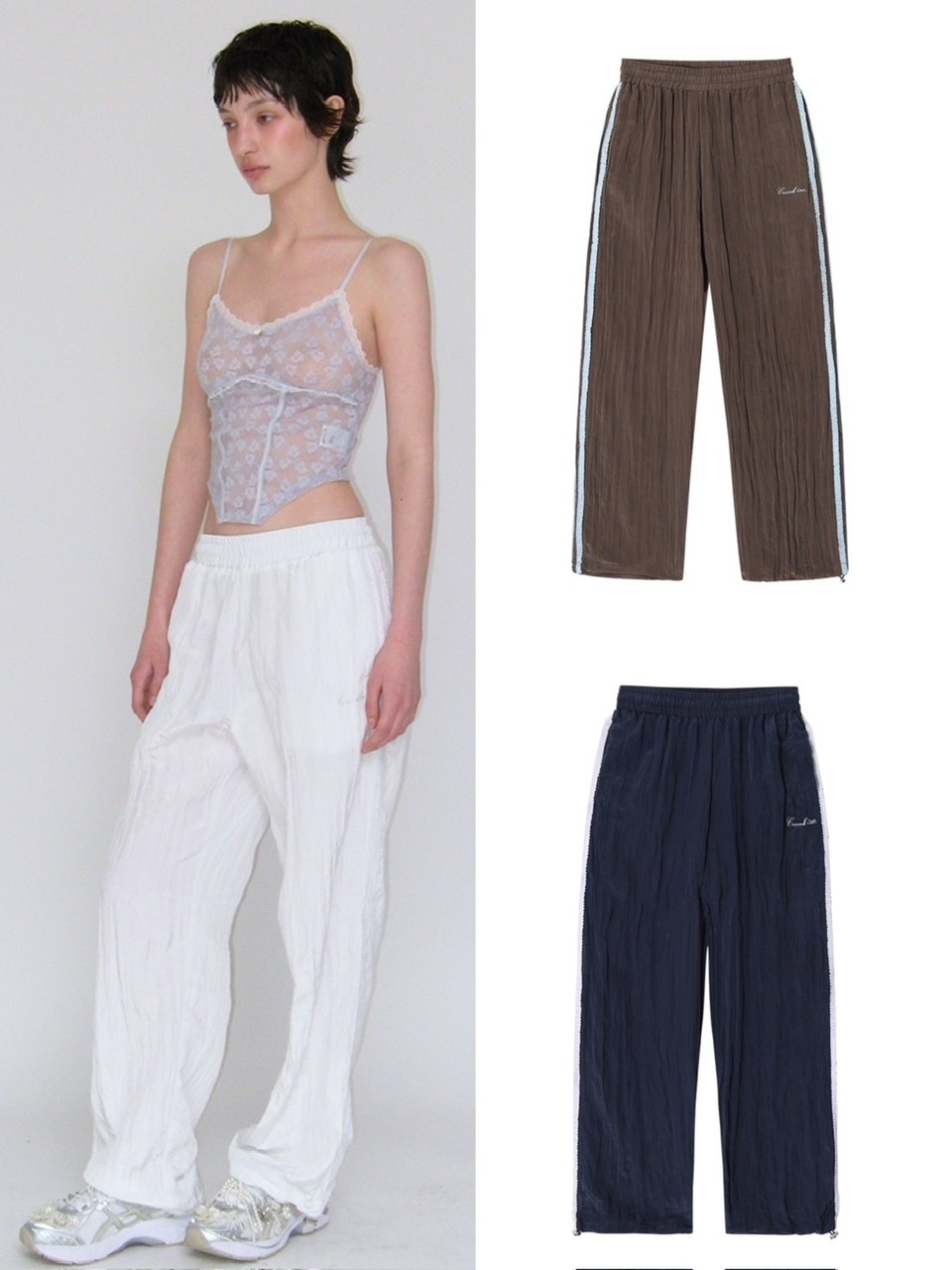正規品【CRANK FRILL LINE WRINKLED PANTS】韓国ブランド CRANK クランク ナイロンパンツ トラックパンツ ジョガーパンツ 韓国ファッション 韓国ストリート バレエコア｜Pressing