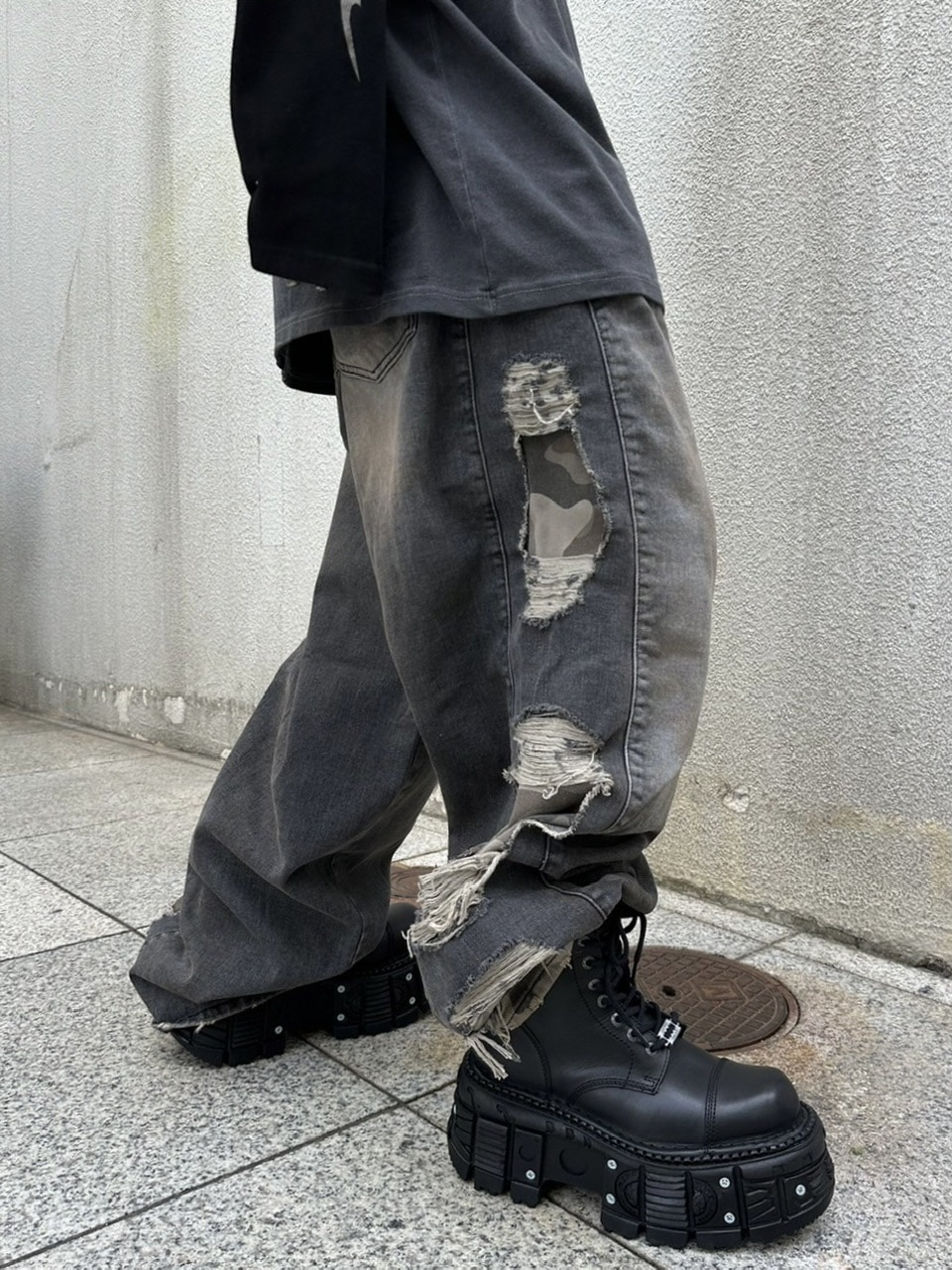 受注制【XU DOG】camouflage side damage denim pants (2color)