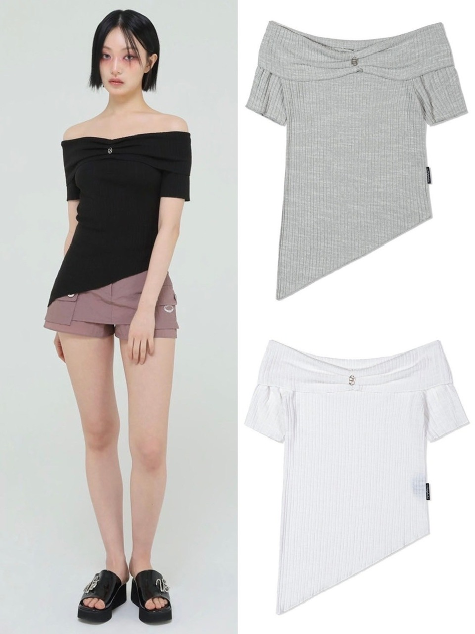正規品 【Uglyshadow UNBALANCED KNIT OFF SHOULDER】韓国ブランド Uglyshadow アグリーシャドウ アンバランスニット オフショルニット オフショルダートップス サマーニット