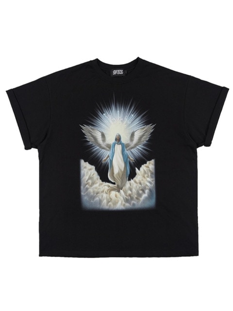 置き目品【SUNDAY OFF CLUB ‘APOSTLE OF GOD‘ Oversized T-Shirt】半袖トップス 半袖プルオーバー 厚地の外套大きさ ユニ一発やる 刷り上げるプルオーバー 表どおり流行り物