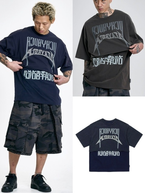 正規品【AJOBYAJO Arch Logo Washed Layered T-Shirt】半袖トップス 半袖Tシャツ レイヤードTシャツ プリントTシャツ ロゴTシャツ オーバーサイズ ユニセックス ストリートファッシファッション