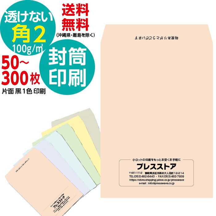 封筒印刷 透けない角2 パステルカラー封筒 黒1色 名入れ印刷 モノクロ印刷 プライバシー保護封筒 そっくり作成 版下作成費無料 テンプレート 社名 差出人 名入れ ロゴマーク 郵便枠なし 定形外封筒 A4 100g/m2 中身が透けない ミエナイ封筒 送料無料 50枚～300枚セット