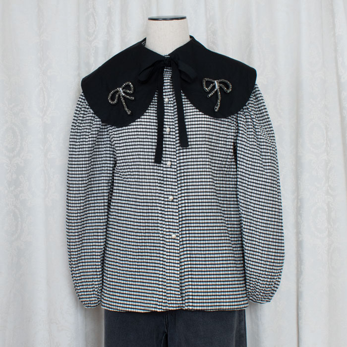 シャツ ブラウス 21人気新作 ラインストーン シワになりにくい 大人かわいい きれいめ 大きい襟 大きな襟 ブラウス ギンガムチェック Sisterjane Jane Sister シスタージェーン おしゃれ パフスリーブ 40代 30代 代 体型カバー 二の腕カバー ゆったり 黒 ブラック S