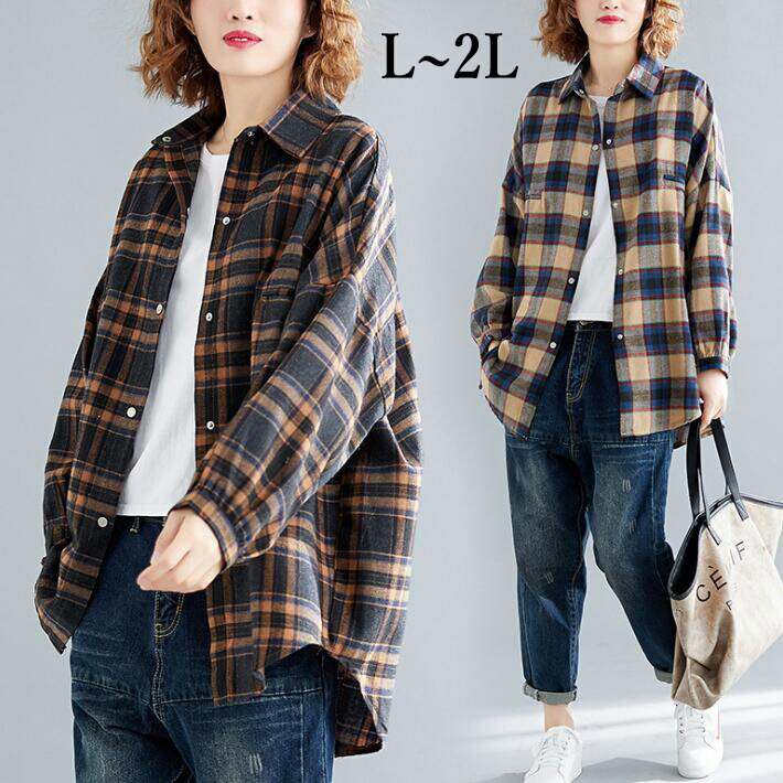 【スーパーセール限定20％OFF★6/11(土)1:59迄！】シャツ　シャツアウター　アウター　ビッグシルエット　大きめ　チェックシャツ　ジャケット　ネルシャツ　春秋　ライトアウター　オーバーサイズ　L　タータンチェック　レディース　2L