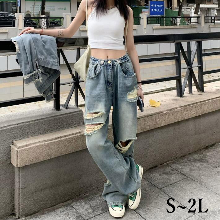 デニムパンツ ワイド ダメージ ストリート系 ストリートファッション ダメージ加工ワイドデニム デニム