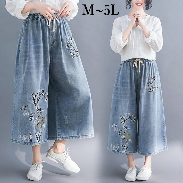 45R デニム ワイドパンツ ガウチョ ギャザー インディゴ Ｒ刺繍 2 楽天市場】刺繍レース付きデニムワイドパンツ 秋新作 九分丈