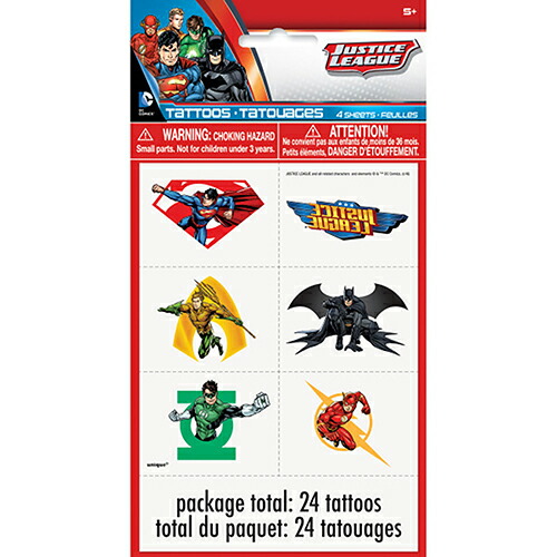 ジャスティスリーグ タトゥー シール 4シート 24個入り 15585 TATTOO タトゥー シール ボディシール 水貼り 水で貼れる アメコミ ヒーロー バットマン スーパーマン かっこいい キッズ 男の子 パーティー ハロウィン グッズ おまつり 夏祭り 輸入品 インポート画像