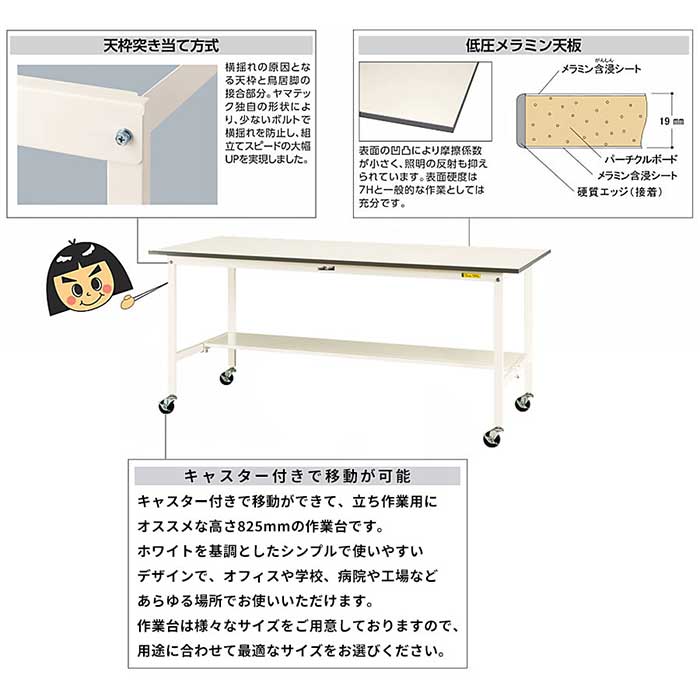 作業台 ワークテーブル SUPC1575TWW オフィス オフィスデスク オフィス家具 キャスター付き スチールデスク スチール脚 メラミン化粧板  作業用テーブル 半面棚板付き 天枠突き当て方式 学校 移動式 耐荷重128kg 高さ825mm 鳥居脚 数量限定セール 耐荷重128kg