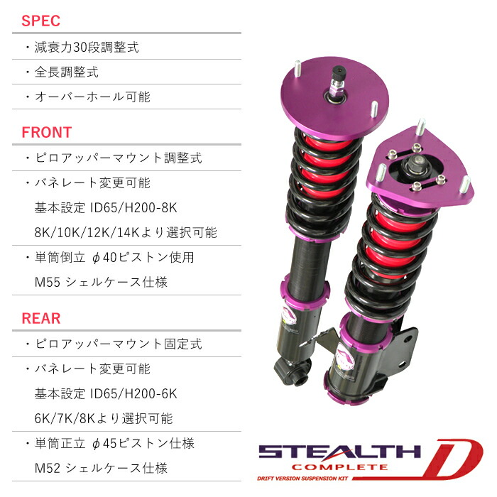 Stealth Complete D ドリフトバージョン車高調キット Nissan Rps13 180sx専用 2wd 減衰力30段調整 スプリングレート変更可 ローダウン サスペンション Pgfk Ppn104 Dfv ファイナルコネクション ステルスコンプリート Drift ニッサン ワンエイティエスエックス