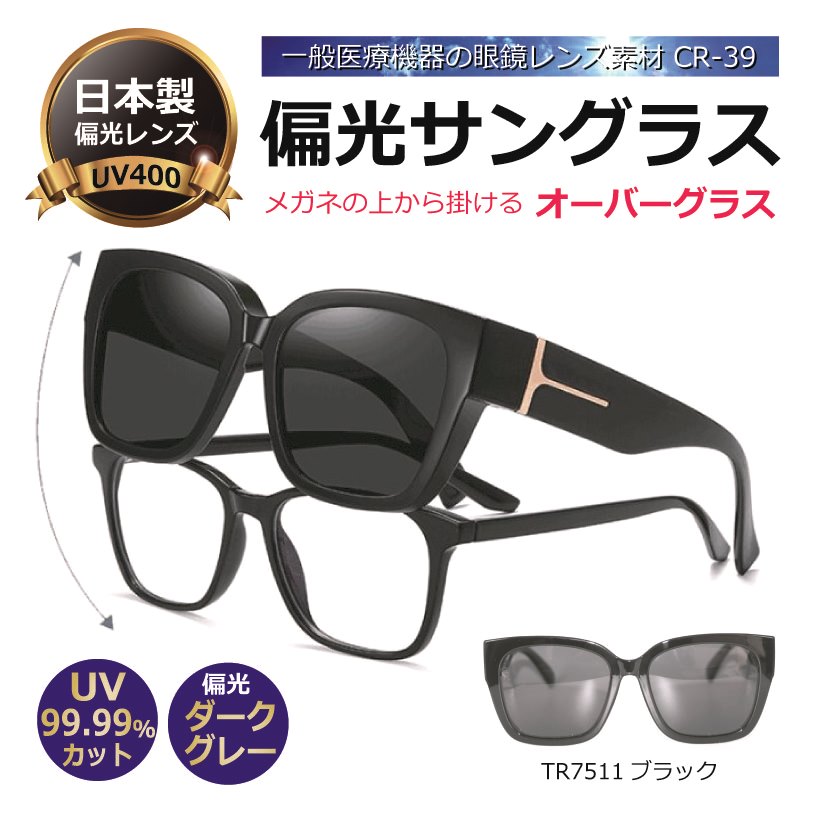 偏光サングラス 日本製偏光レンズ オーバーグラス 釣り ドライブに／一般医療機器の眼鏡レンズ素材CR-39を使用／UVカット メンズ 人気／メガネの上から掛ける TR7511-BK【度無し】