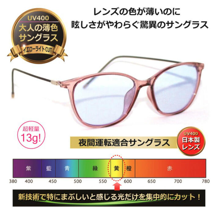眩しさを抑える大人の薄色サングラス ネオコントラスト 薄い色 サングラス 【度無し】／UVカット イエローライトカット 夜間運転適合 人気 美肌 美容 メラニン 【neocon-8094 brown】｜メガネ・サングラスの eye merry