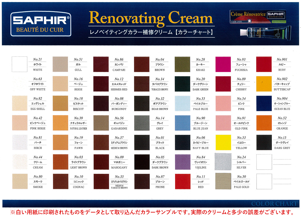 Saphir Renovating Cream Color Chart