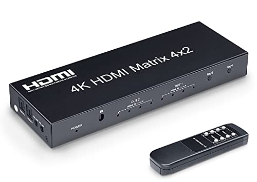 【送料無料】ELEVIEW HDMI 切替器 分配器 マトリックス 4入力 2出力 4K HDCP1.4 音声分離機能 (光デジタル・3.5mmステレオ音声出力) PS4・Nintendo Switch・Fire TV・ブルーレイレコーダーなどに適用 手動切り替え リモコン付き EHD-076Y画像