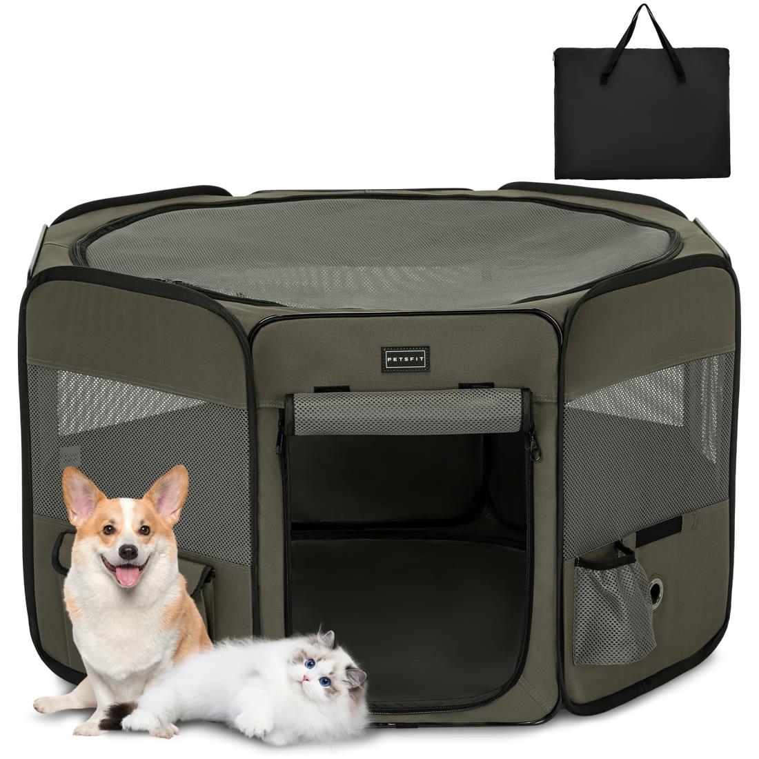 Petsfit 犬 サークル ペットサークル 八角形 ドッグハウス 【パッと開いてすぐ使える】 猫の産屋 猫の分娩室 折りたたみ 犬猫兼用 メッシュ 屋根付き 軽量 収納バッグ付き 部屋のインテリアに馴染み キャンプ アウトドア お出かけ用品 中小ペット (Mサイズ 青灰色)