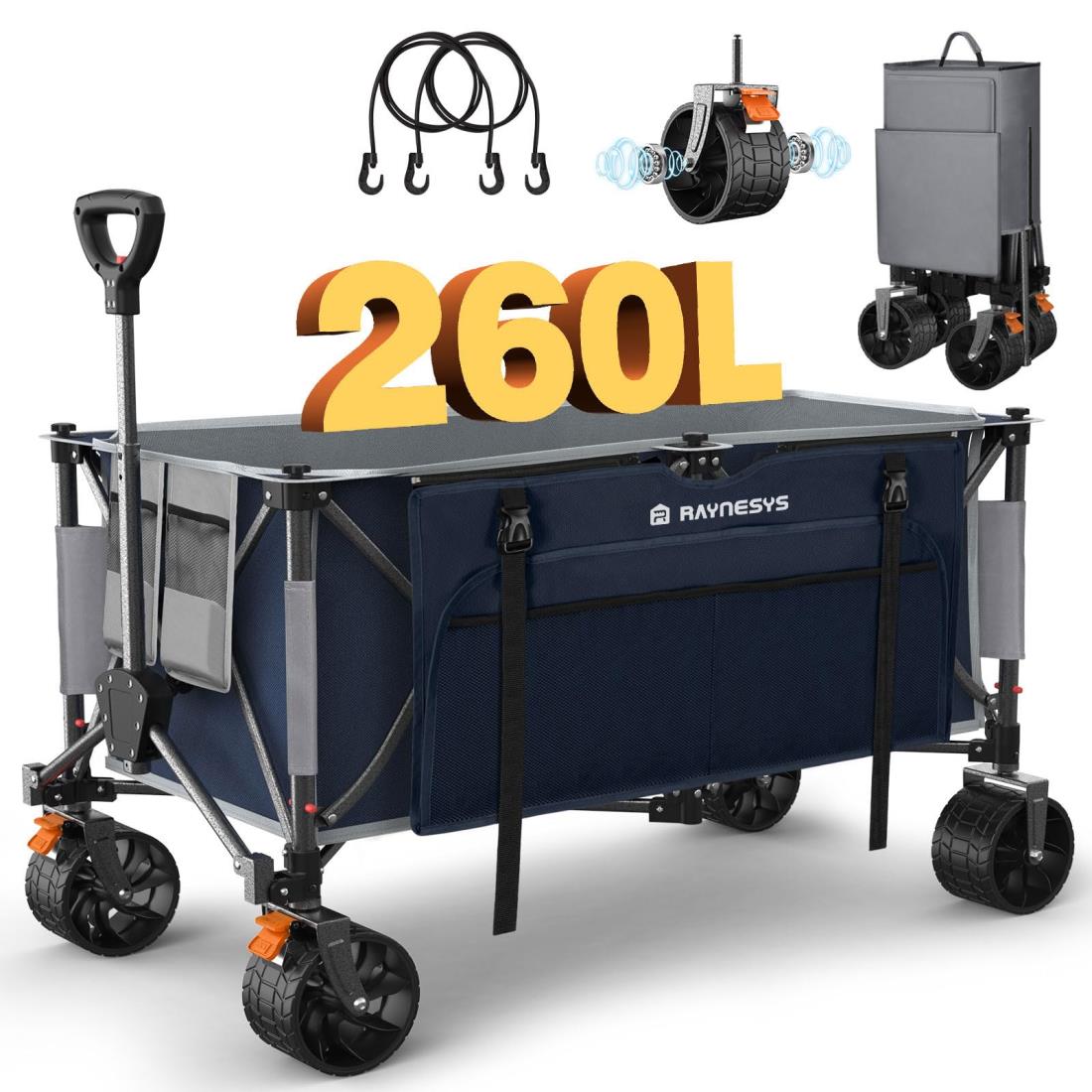 Raynesys キャリーワゴン 大容量260L 耐荷重200kg アウトドアワゴン 折り畳み式キャンプカート ワンタッチ収束式 自立収納 静音 ブレーキ付き 収納カバー付き キャンプ/砂浜/釣り/引越し/買い物/ゴミ出し BlueGray