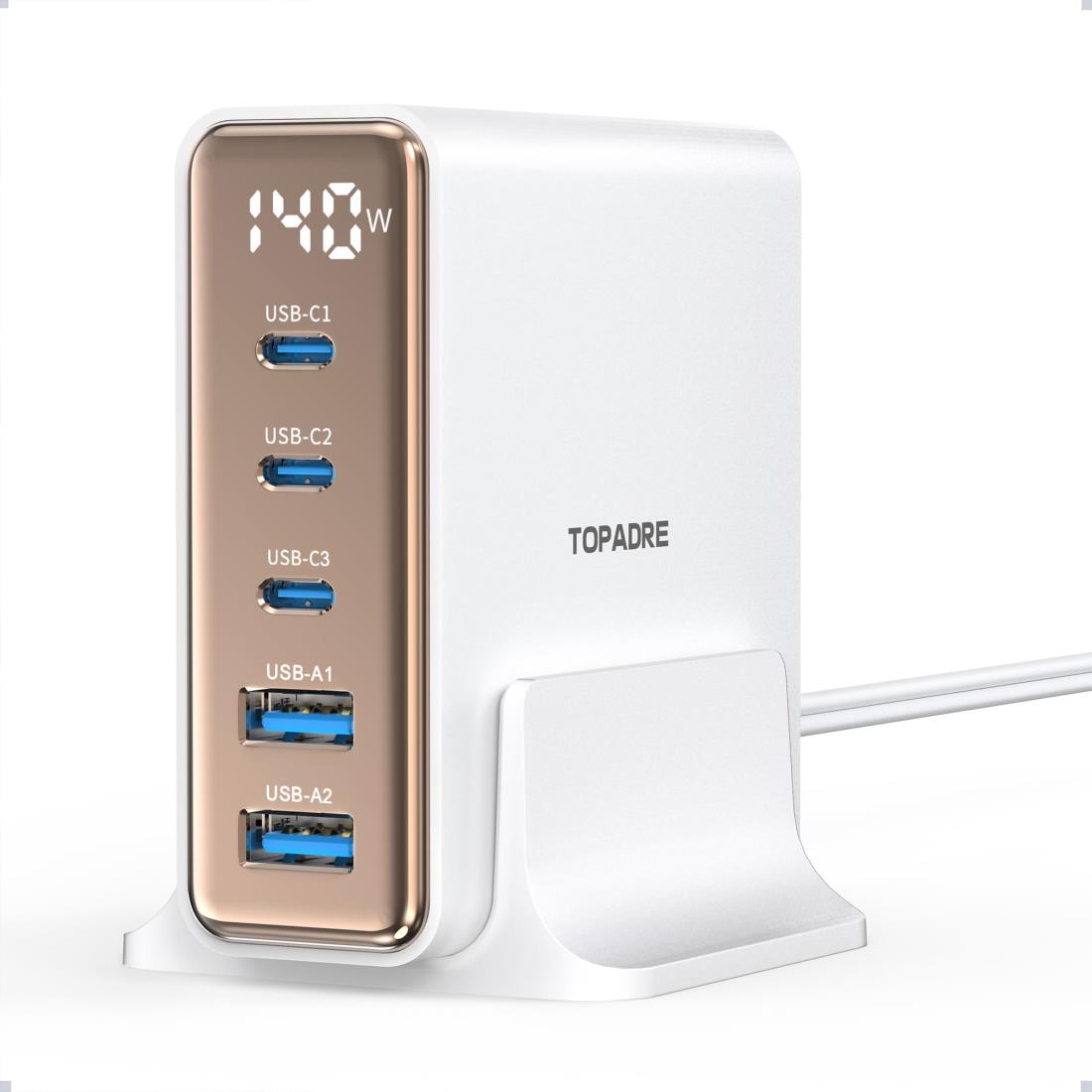 TOPADRE 140W 急速充 電器 USB充電器 (100W Max*USB-C*3＋USB-A*2) 5ポート PSE認証 Type-c PD 充電器 MacBook Pro/Air、iPhone 15/14/13/Mini/Pro/Pro Max/Samsung Galaxy Note各種デバイス対応 Fast Charging Station 白色 6,866円