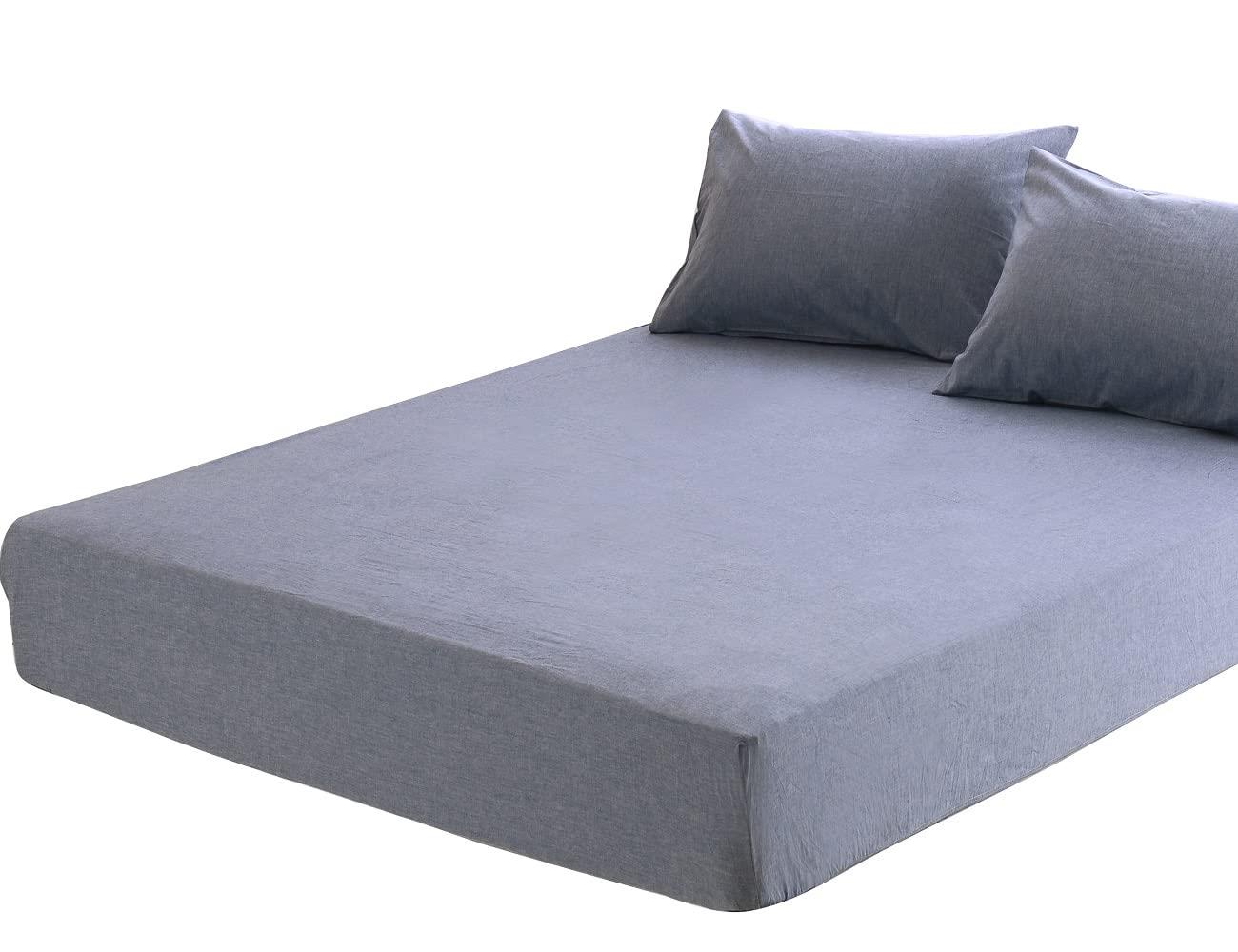 ボックスシーツ ワイドキング 200x200x30cm オーガニックコットン 洗いざらしの綿100% ベッドシーツ BOXシーツ 防ダニ インディゴブルー