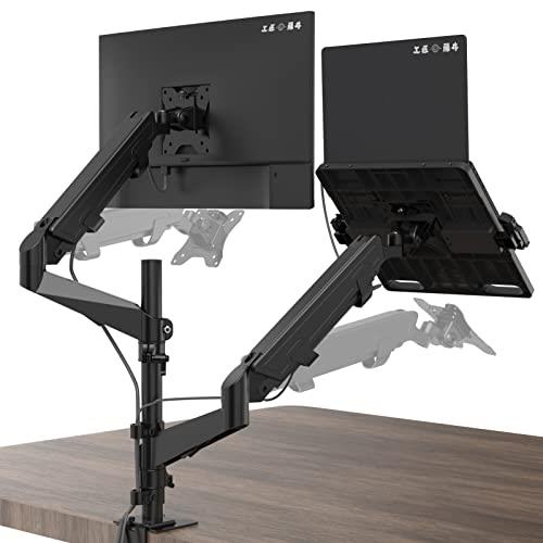 【止めネジ式VESA】工匠藤井 デュアルモニターアーム 液晶ディスプレイアーム PCトレイ付き 高度0~90cm ガススプリング式 15～32インチ対応 耐荷重0-9kg ケーブル収納 クランプ式＆グロメット式 VESA75*75/100*100 二画面マウントアーム モニタースタンド 日本語取扱説明書