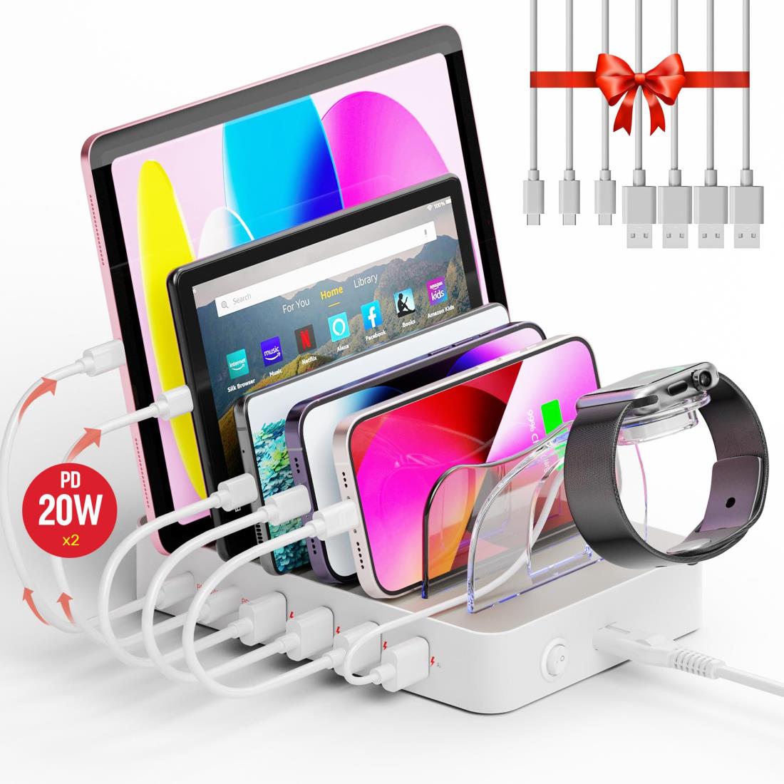Unitek 2024 USB PD充電ステーション 6ポート PD20W*2+USB A*4 卓上充電スタンド 60W PSE認証済 6台同時充電 1.5A/2.4A/3A スマートIC搭載 複数台対応 Android/iPhone/iPad/airpods/kindle/タブレット/PSP/ラップトップ 仕切り板 間隔調整可能 アップルウォッチ収納スタンド｜プライムプラス　店