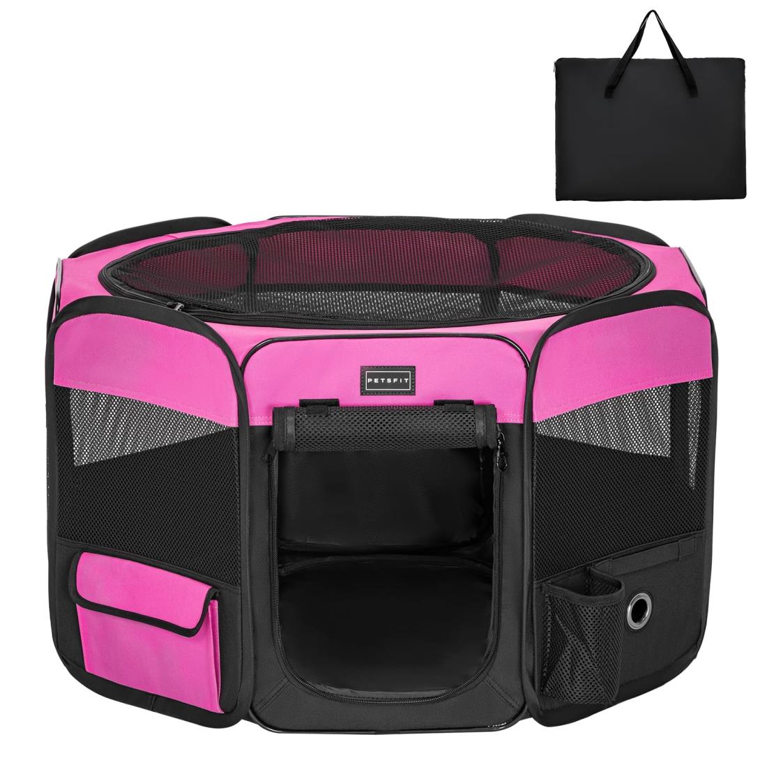 Petsfit 折りたたみサークル 八角形 プレイサークル 犬猫兼用 猫の分娩室 メッシュ 屋根付き 屋内 屋外 収納バッグ付き Sサイズ ツートンカラー ピンク ブラック
