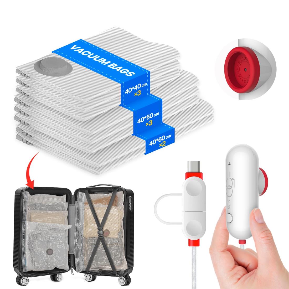 Vacbird 圧縮袋 旅行用 衣類圧縮袋 8枚入 USB 電動ポンプ付き 40*40 *3枚 /40*50 *3枚 /40*60 *2枚 衣類収納 真空収納袋 USBポンプ 吸引機 収納袋 小物収納 防臭 防塵 防湿 防カビ 高密封性 圧縮パック 収納圧縮袋 家庭用 引越し 出張 旅行