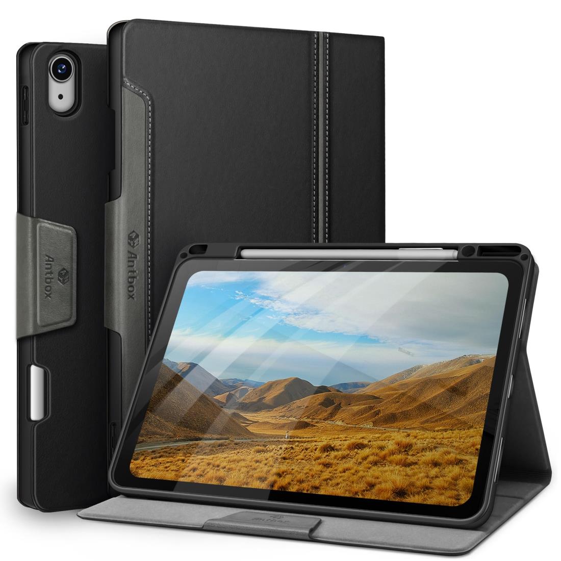 Antbox iPad Air 13インチ ケース M2 (2024) 専用 ペンシル ホルダー Pencil Pro/USB-C完全対応 ひび割れ防止 ソフトPUレザー マルチスタンド機能 オートスリープ (ブラック)