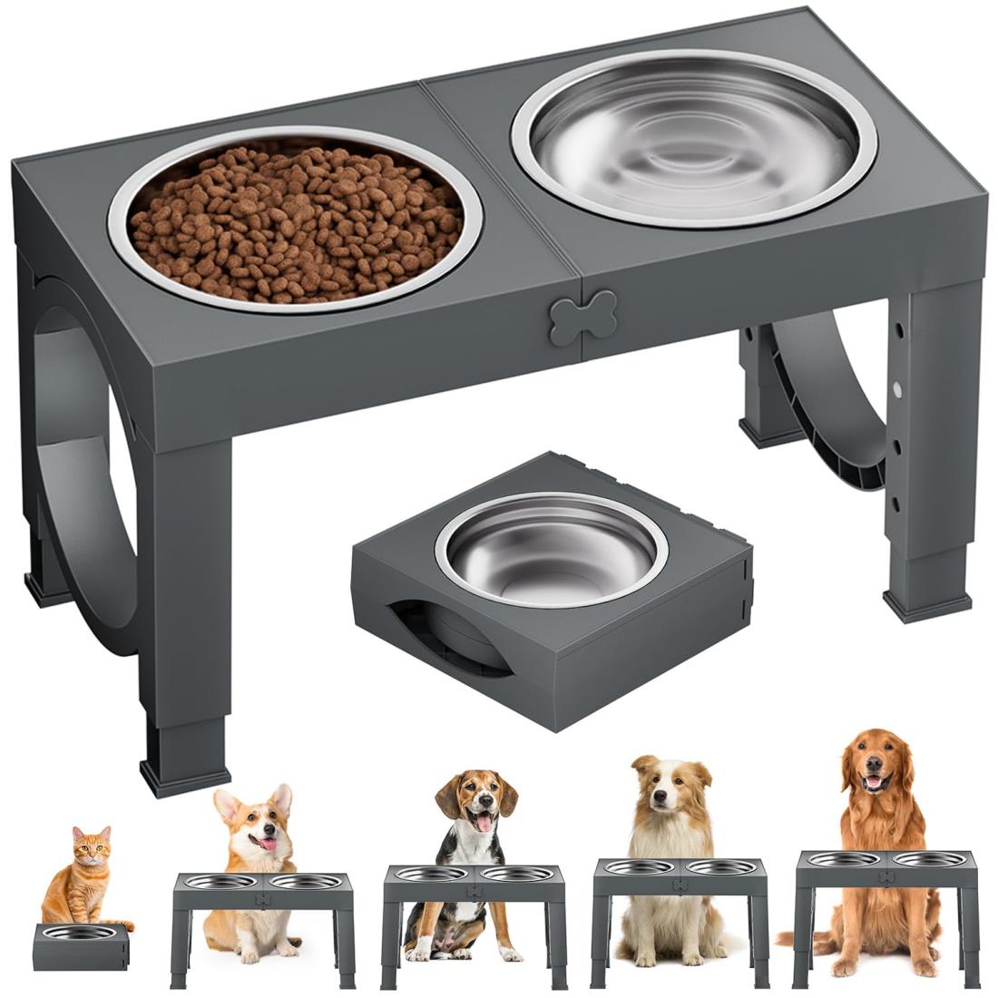 Aystkniet犬 食器台 ペット 餌台 ステンレスボウル 食器 エサ台 4段階 高さ調節可能 餌入れ 犬 ご飯台 (グレー)