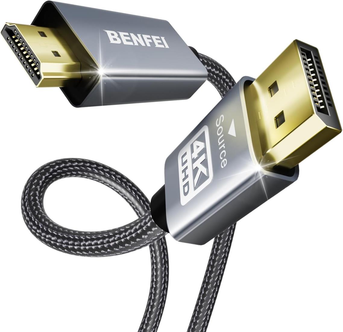 BENFEI 5個 4K DisplayPort - HDMI 1.8m ケーブル [アルミニウム シェル、ナイロン編組]、単方向 DP 1.2 コンピューター to HDMI 1.4 スクリーン ケーブル HP、ThinkPad、AMD、NVIDIA、デスクトップなどと互換性があります（オス-オス 、逆方向に非対応）｜プライムプラス　店