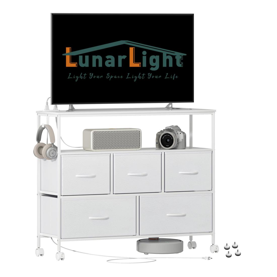 LunarLight チェスト タンス 幅100奥行き30高さ78 収納チェスト 収納ケース コンセント2個口付き ストッパキャスター付き 移動式と固定式2機能 テレビ台としても使える 頑丈 組立簡単 耐震転倒防止 大容量収納２段5杯 棚板2枚 (真っ白)｜プライムプラス　店