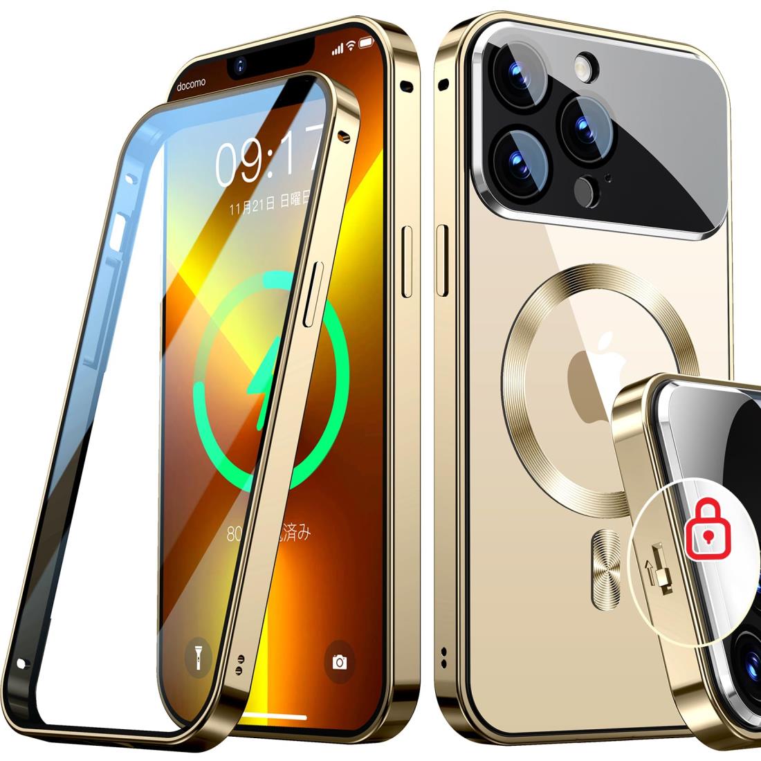 Rosycover【新次元の一体型レンズ・メカニカルロック】iPhone 13 Pro 用の ケース Magsafe対応[360°全面保護・両面強化ガラス][本体の色・CD Magsafeリング]マグセーフ ワイヤ レス充電対応 ストラップホール付き アルミ合金バンパース アイホン13プロ 金属 ケースマホケー