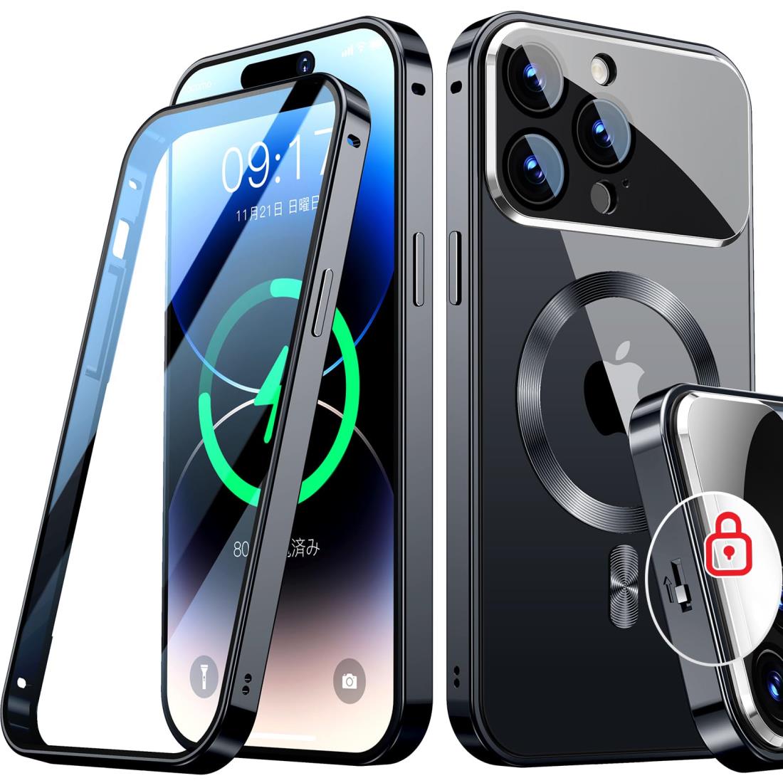 Rosycover【新次元の一体型レンズ・メカニカルロック】iPhone 14 Pro Max 用の ケース Mag-safe対応[360°全面保護・両面強化ガラス][本体の色・CD Mag-safeリング]マグセーフ ワイヤ レス充電対応 ストラップホール付き アルミ合金バンパース アイホン14プロマックス 金属