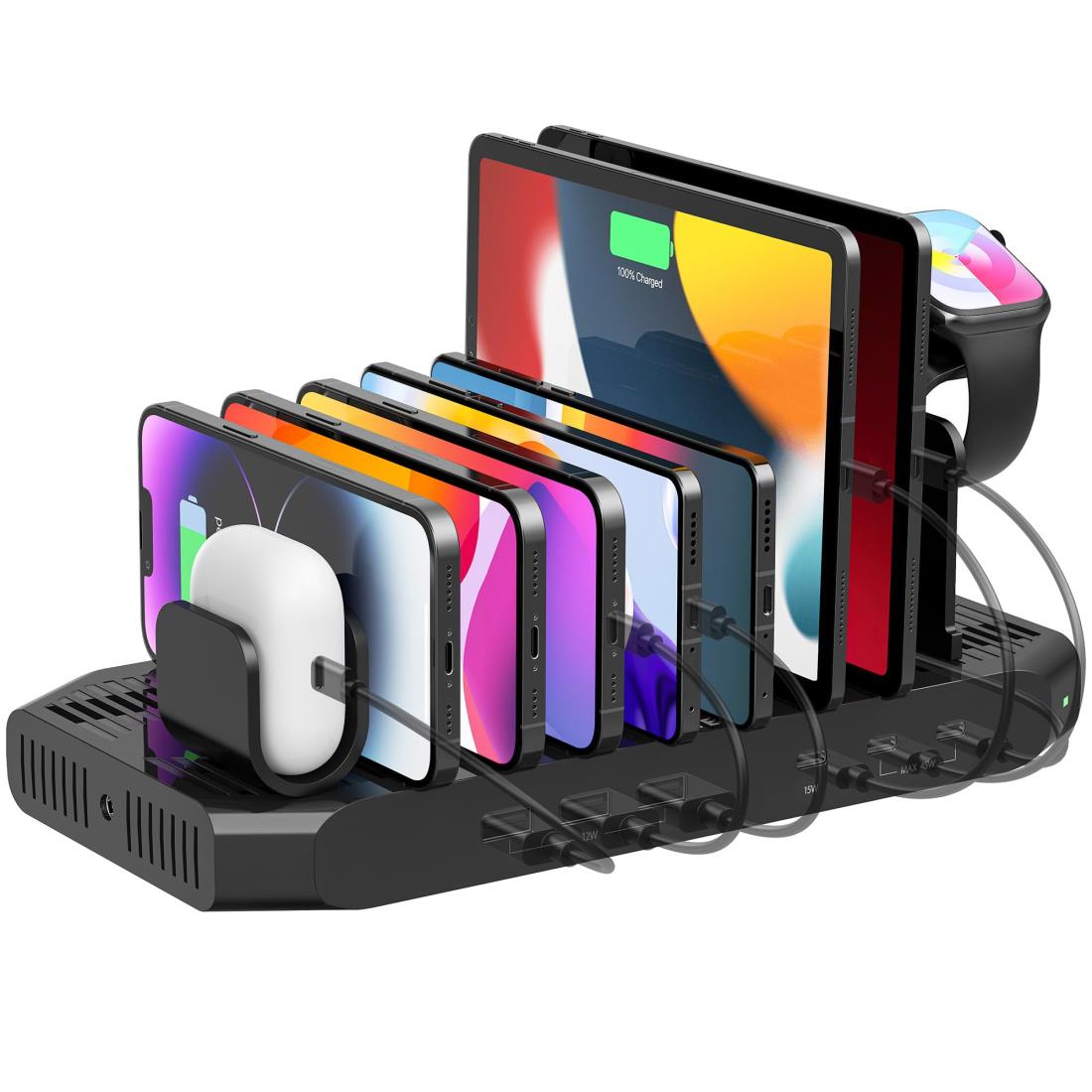 Unitek 2025 USB PD充電ステーション 6ポート PD20W*2+USB-C*1 卓上充電スタンド 60W PSE認証済 6台同時 1.5A/2.4A/3A スマートIC搭載 複数台対応 Android/iPhone/iPad/airpods/kindle/タブレット/PSP/ラップトップ 仕切り板 間隔調整可能 アップルウォッチ収納スタンド 収納