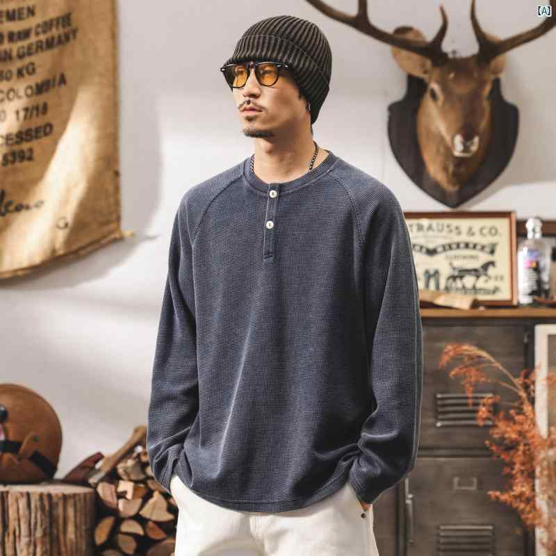 メンズ コーデ ファッション  オシャレ 海外風 アメリカン レトロ インディゴ ウォッシュ 加工 長袖 Tシャツ メンズ 秋新 300 g ヘビーウェイト ワッフルニット スウェットシャツ メンズトップス