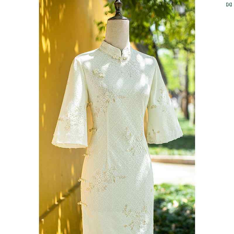 ドレス　チャイナドレス　オシャレ　綺麗　上品　コーデ　大歳　コスプレ ホワイト 刺繍 チャイナ ドレス新 レディース 夏 若々しい ハイエンド ガール ドレス 逆 ビッグ スリーブ