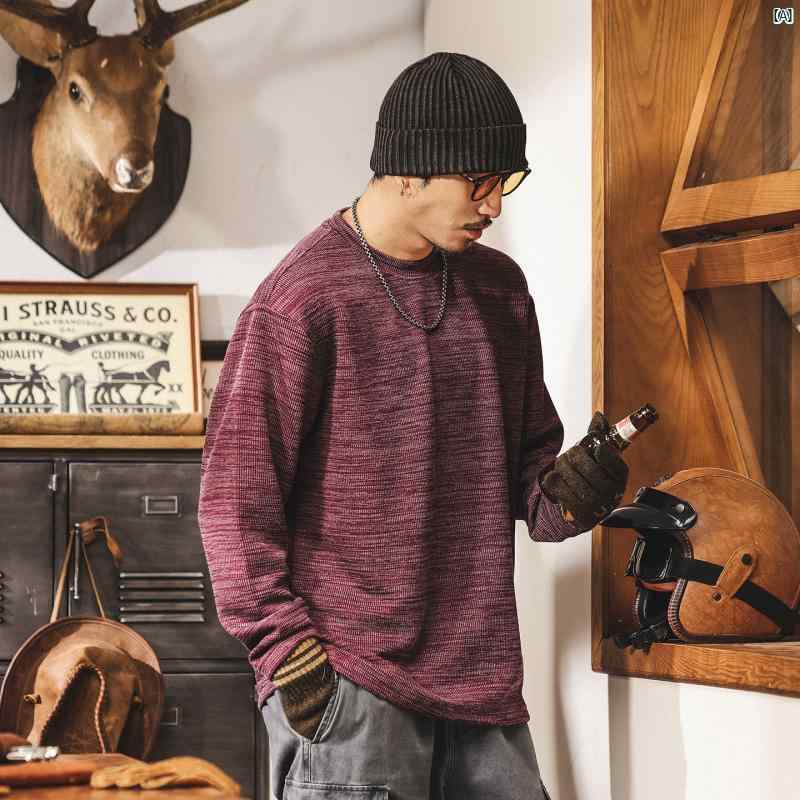 メンズファッション　コーデ　　クール　海外風 アメリカン レトロ 300 g ヘビーウェイト ロングスリーブ Tシャツ メンズ 秋新 ジャカード テクスチャー ド マルーン トップ