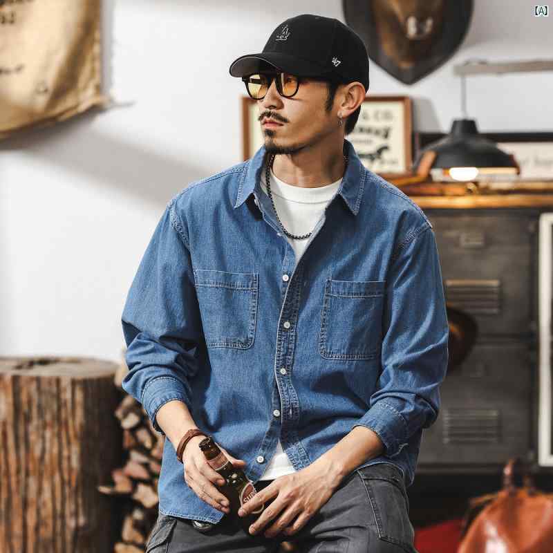 メンズファッション　コーデ　　クール　海外風 男性用 アメリカン レトロ デニムシャツ 長袖 2025 春 新 風 たり ワークウェア カジュアル シャツ ジャケット